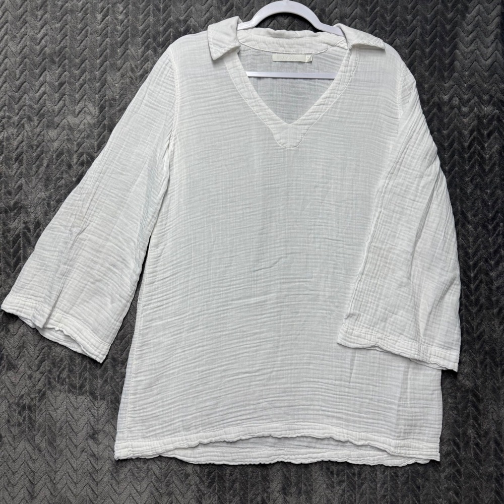 Wyeth Gauze V-Neck Top Small White Excellent Coastal Boho 3/4 Sleeve (2046)